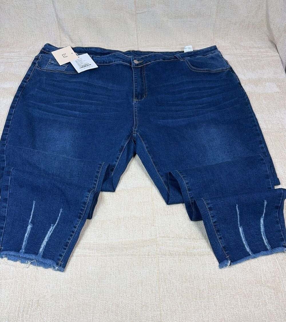 Leijijeans Women's Plus Size 26 Dark Wash Distressed Raw Hem Skinny Jeans
